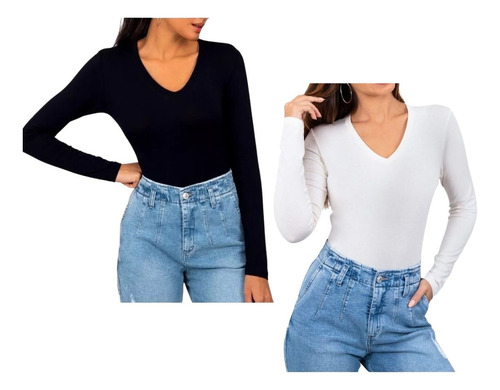 Kit Com 2 Blusinhas Manga Longa Babylook Viscolycra Gola V