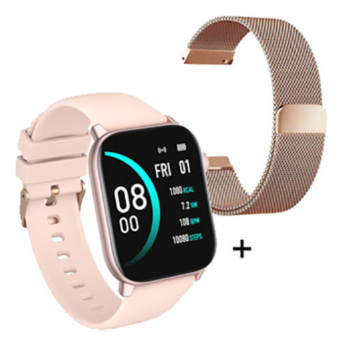 Smartwatch Cuadrado Sumergible Rosa Nictom Nt14 Malla Metal Reloj Inteligente Dos Mallas