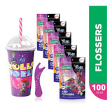 Kit Infantil Trolls  Flossers Dental Infantil 100un+copo Gum