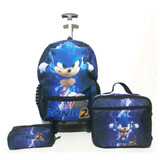 Kit Mochila Escolar Juvenil Sonic 2 Com Rodinhas