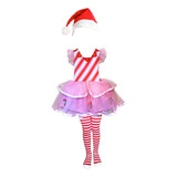 Disfraz Duende  Caramelo Baston Niña Rosa Navideño Santa  Dulce Vestido Nieve Pastorela  Elfo Muñeco Con Luz Led 