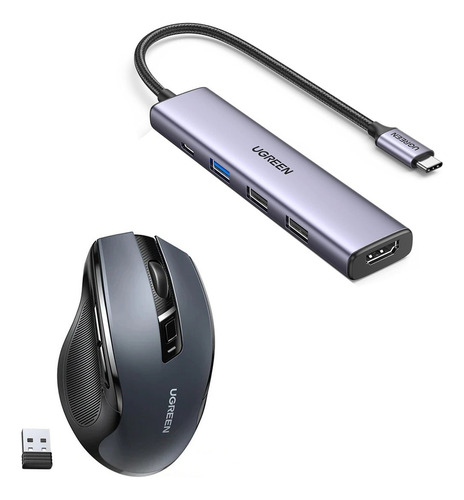 Combo Adaptador Usb-c Hub 5 En 1 + Mouse Inalámbrico Ugreen Color Gris Oscuro