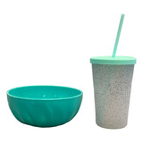 Set Cerealera Compotera Bowl + Vaso Glitter C/tapa Y Sorbete