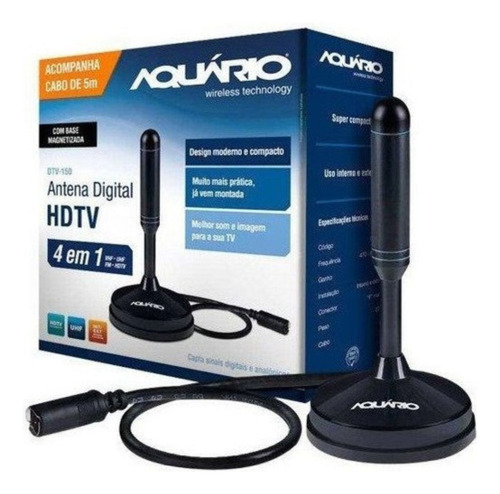Antena Digital Aquario Dtv-150 Com Cabo 5m Vhf/uhf/fm/hdtv