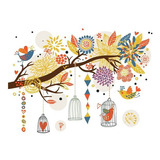 Vinil Decorativo Rama-i06 Árbol, Jaulas, Pájaros Y Flores. Color Multicolor