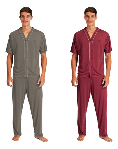 Kit 2 Pijama Homem Manga Curta Calça Pos Cirurgia Hospitalar