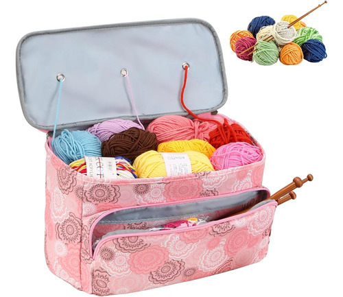 Bolso Organizador Porta Tejido Lanas Palillos Y Crochet Rosa