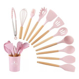 Set De 12 Utensilios Cocina Mango Silicona Y Madera 