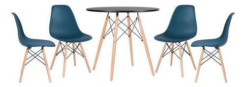 Kit Mesa Jantar Eames Wood 80 Cm 4 Cadeira Eiffel  Cores Cor Da Tampa Mesa Preto Com Cadeiras Azul Petróleo