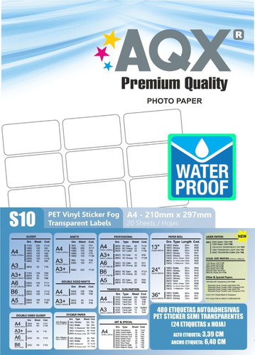 Papel Semi Transparente Sticker Etiquetas A4 Aqx Waterproof