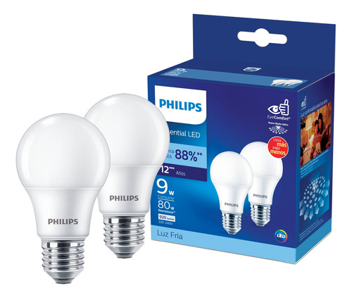 2x Ampolleta Led Philips 9w E27 A60 Luz Fria