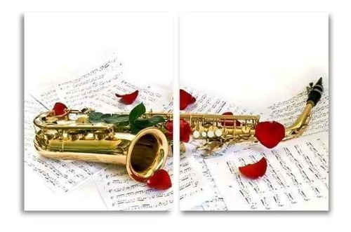 Quadro Saxofone Partituras E Rosas Decorativo Em Tecido