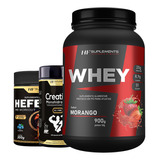 Whey Protein Morango 900g + Pré Treino Blueberry Creatina