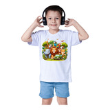 Camiseta Infantil Unisex Safari Animais Girafa Arara Selva