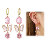 Aretes Oro 18k Mariposa Rosa Largos Elegants Mujer Joyería 