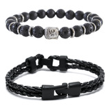 Pack Pulsera Cuero Hombre Brazalete Piedra Volcanica Buda