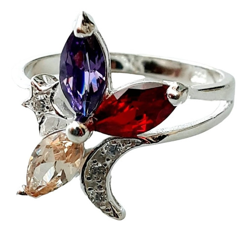 Anillo Plata Italiana Flor Luna Estrella Anp286 Multicolor 