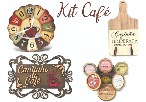 Kit Café Relógio Pano De Prato Mdf Cantinho Decoração Copo 