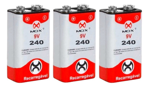 Kit Com 3 Baterias 9 Volts Recarregável 240mah Mox Premium