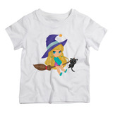 Camiseta Infantil Bco Bruxa Vassoura Gato Preto Halloween