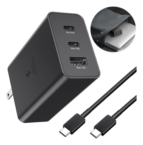 Cargador Triple 65w Para Samsung Carga Súper Rápida + Cable