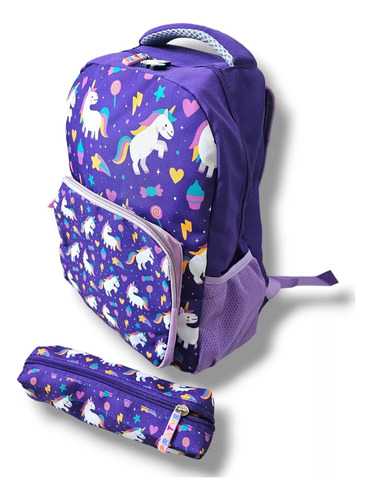 Mochila Escolar Colegio Nena Con Cartuchera Unicornio