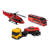 Kit Brinquedo Mini Reboque+ Ônibus + Helicóptero Diversão