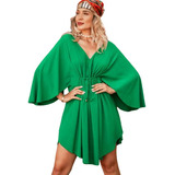 Vestido Curto Bata Kimono Em Viscose Verde Bandeira