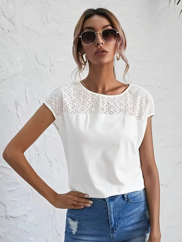 Blusa Mujer Blanca Manga Corta Con Encaje Bordado