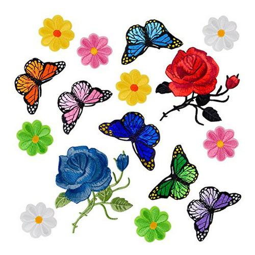 Parches Bordados Flores Mariposas - 16 Piezas