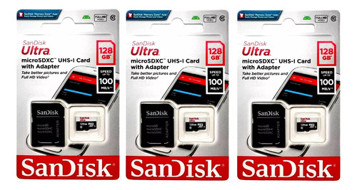 Kit 3 Sandisk Ultra Microsd 128gb Class10 Memory Card 100mb/