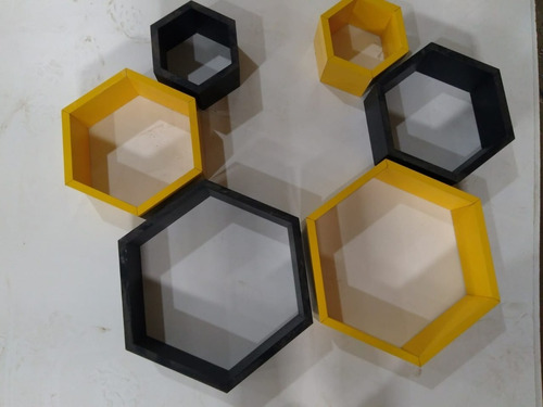 Kit 6 Nichos Decorativos Hexagonal Em Mdf  Preto E Amarelo