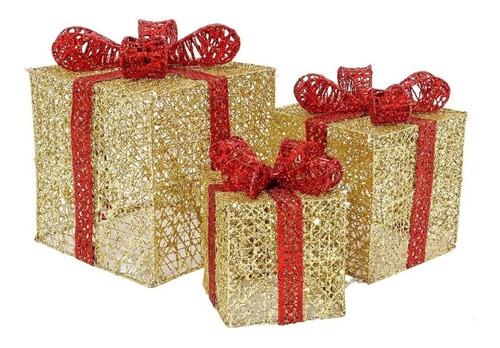 Caja De Regalos Con Luces Led Adorno Para Navidad 3 Piezas