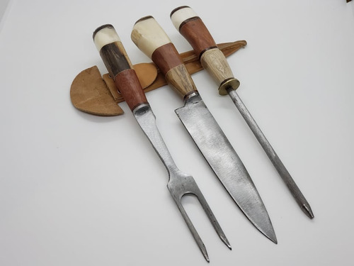 Set X3 Tenedor Cuchillo Y Chaira Artesanal Mango Combinado