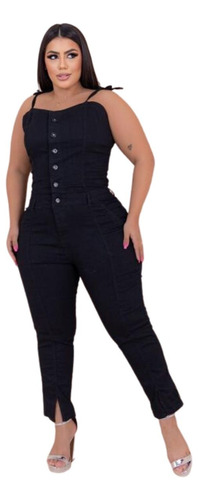 Jardineira Calça Feminina Jeans Plus Size Cintura Alta Lycra