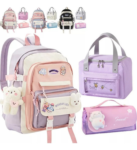 Mochila 3 Piezas Con Pin Kawaii Caja Almuerzo Bolsa