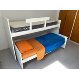 Cama Doble Con Colchones, Nido, Madera Laqueada Blanca