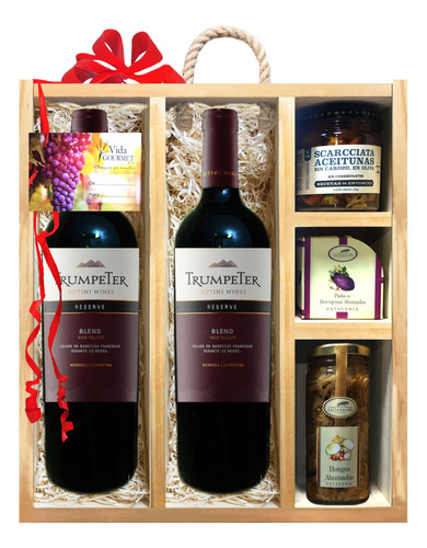 Pack De Vinos Trumpeter Regalo Caja Navideña Madera Logo