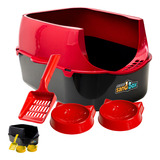 Caixa De Areia Banheiro Para Gatos + Kit Pazinha E 2 Tigelas Cor Vermelho