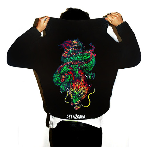 Campera Jean Negro Azul Hombre Dragon Chino Japones Oriental