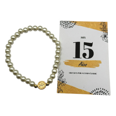 20 Pulseras Perla Recuerdo Medalla San Benito Tarjeta Xv Años 1