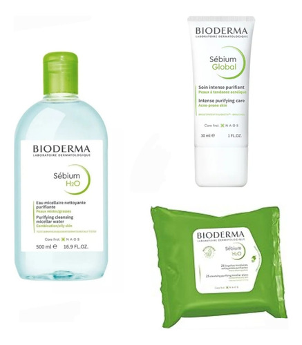 Bioderma Sebium H20 Micelar 500ml + Global 30ml + Toallitas