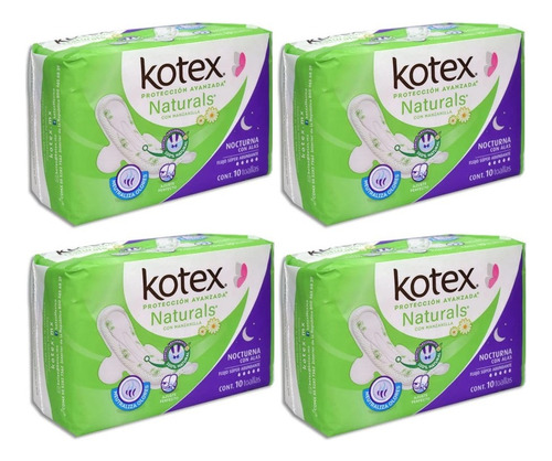 4 Toallas Femeninas Kotex Naturals Nocturna Con Alas 10 Pzas