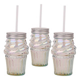 Vaso Vidrio Pitillo Tapa Metálica Copa Cono Helado 3x 450ml