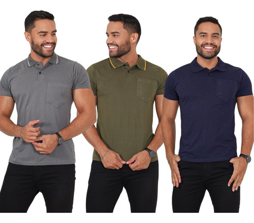 Kit 3 Camisas Gola Polo Lisa Masculina Algodão Com Bolso