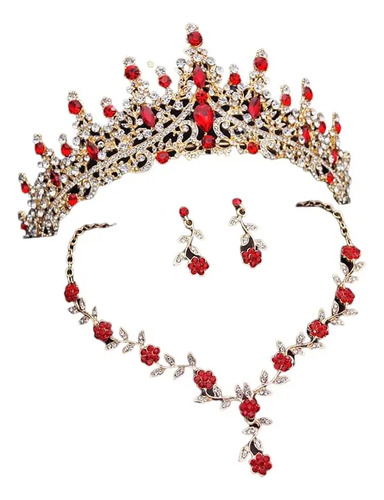 Set De Corona Tiara Gargantilla Y Aretes Xv Boda Novia Rojo