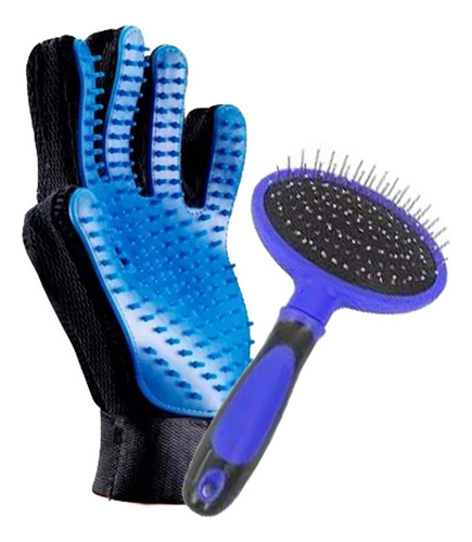 Kit Guante Saca Pelo Silicona Ajustable + Cardina Azul Pet