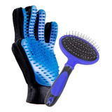 Kit Guante Saca Pelo Silicona Ajustable + Cardina Azul Pet