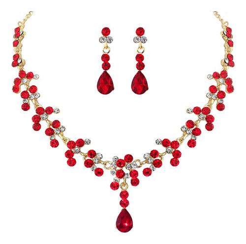 Conjunto De Collar Y Pendientes Rojos A La Moda Con Diamante