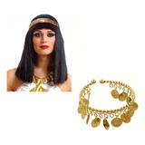 Combo Disfraz Egipcio Cleopatra Peluca Brazalete Monedas 